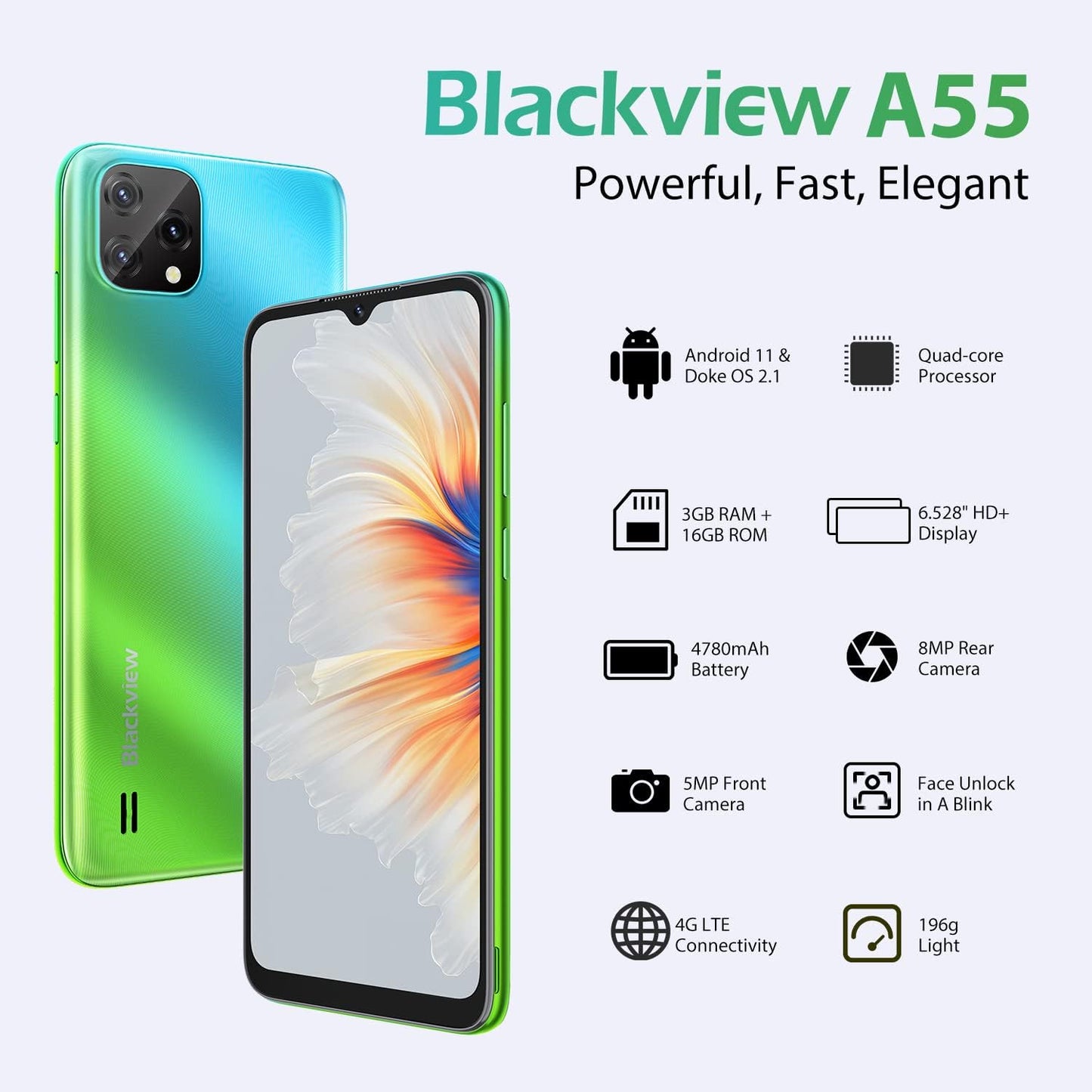 Unlocked Smartphones, A55, 2022 Unlocked Cell Phones Android 11, 6.528'' HD+,3GB RAM 16GB Rom,4780Mah High Capacity Battery,3-Card Slots,4G Dual Sim,Wi-Fi,8Mp+5Mp,Face Id,T-Mobile Phone,Black