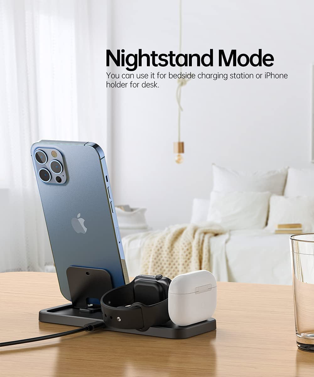 Portable 3 in 1 Charging Station for Apple Devices Foldable for Apple Watch 7/6/SE/5/4/3/2/1 for Iphone Airpods Pro3/2/1 Charging Stand Black